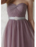 A-line Sweetheart Neck Mauve Ruched Tulle Bridesmaid Dress With Beaded Sash